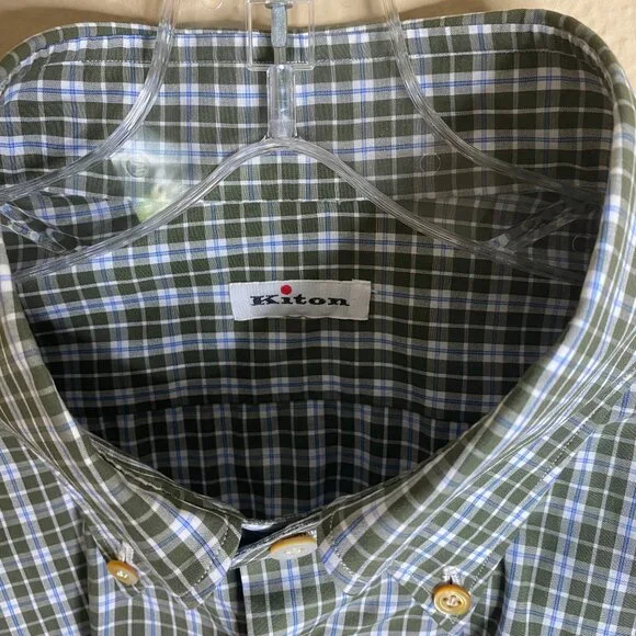 kiton olive green check dress shirt